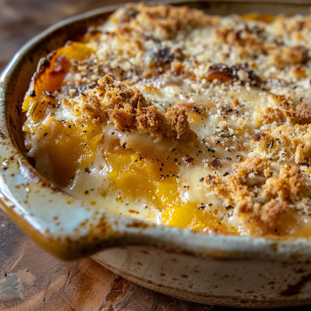 Close-up of a golden, bubbling gratin de citrouille with a crispy top.