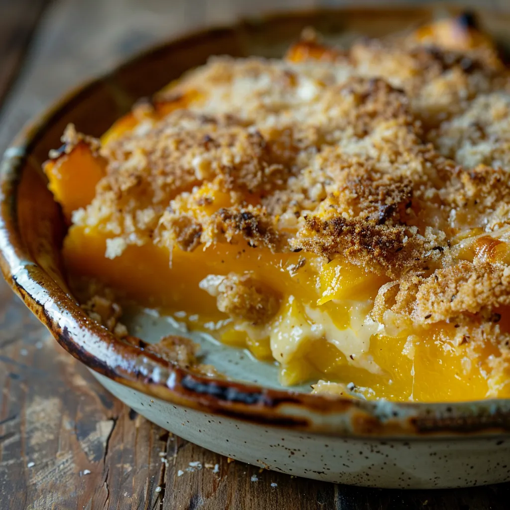 Side view of a delicious pumpkin gratin, highlighting its cheesy top layer.