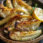 ['Close-up side view of roasted fennel in an air fryer basket, golden and tender.', 'Juicy roasted fennel wedges, glistening with olive oil and herbs, photographed from the side.', 'Side perspective of air-fried fennel, showcasing caramelized edges and garnished with herbs.', 'Golden-brown roasted fennel pieces in an air fryer, highlighting their juicy texture.']