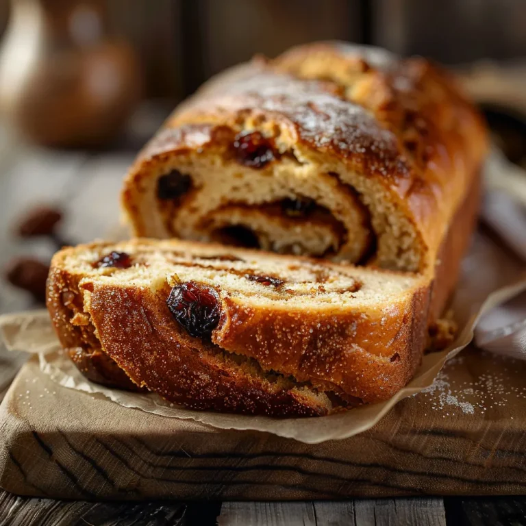A close-up view of a cinnamon raisin bread loaf, showcasing its golden crust and speckled surface.