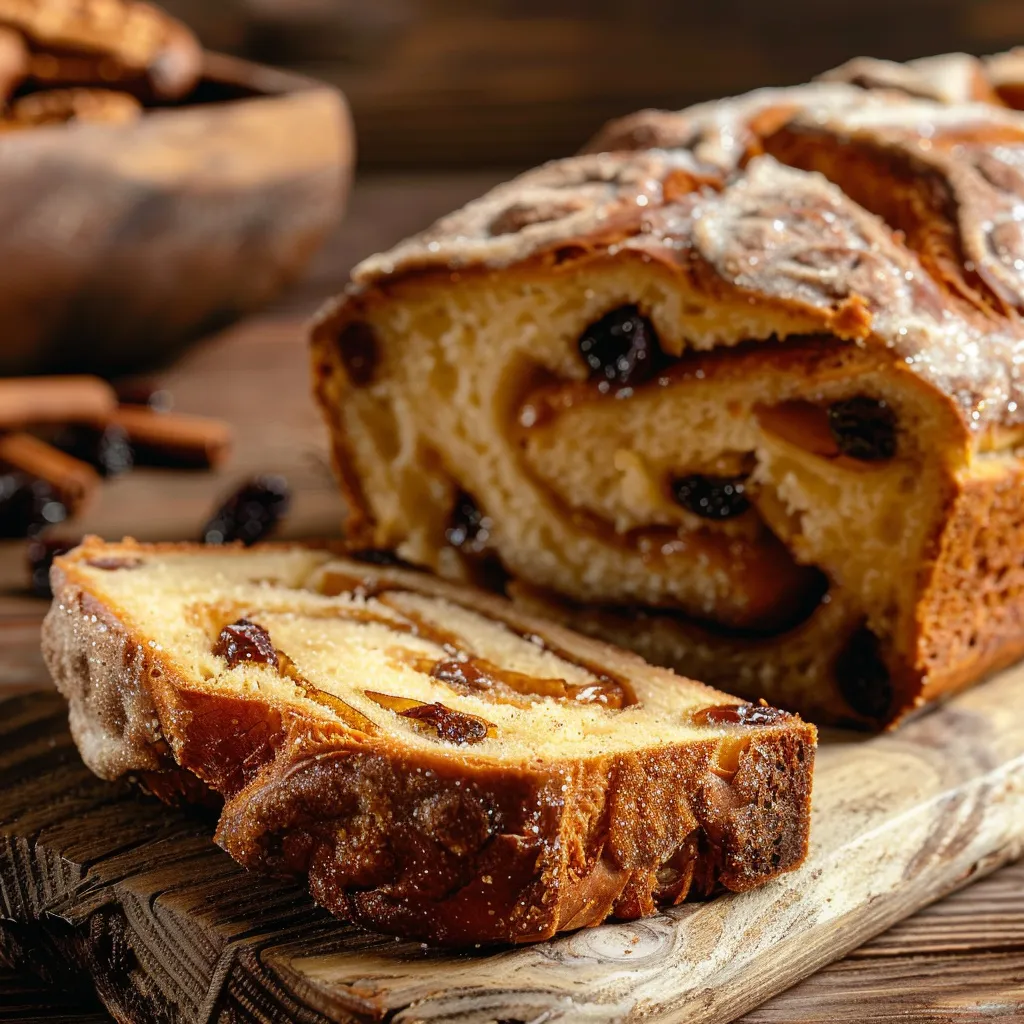 Side view of freshly baked cinnamon raisin bread, highlighting the plump raisins and cinnamon swirls.