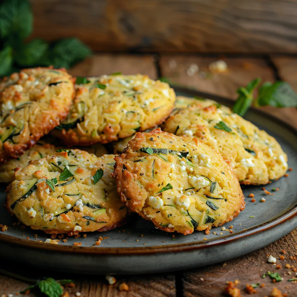 Close-up view of courgette feta cookies showcasing a golden-brown exterior.