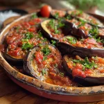 A close-up side view of beautifully plated İmam Bayıldı with glossy eggplant and garnished with parsley.