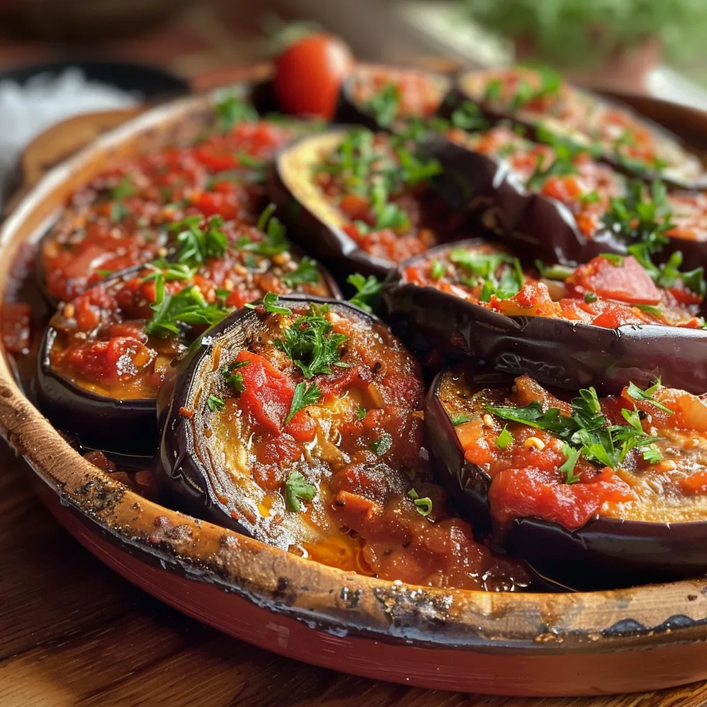 A close-up side view of beautifully plated İmam Bayıldı with glossy eggplant and garnished with parsley.