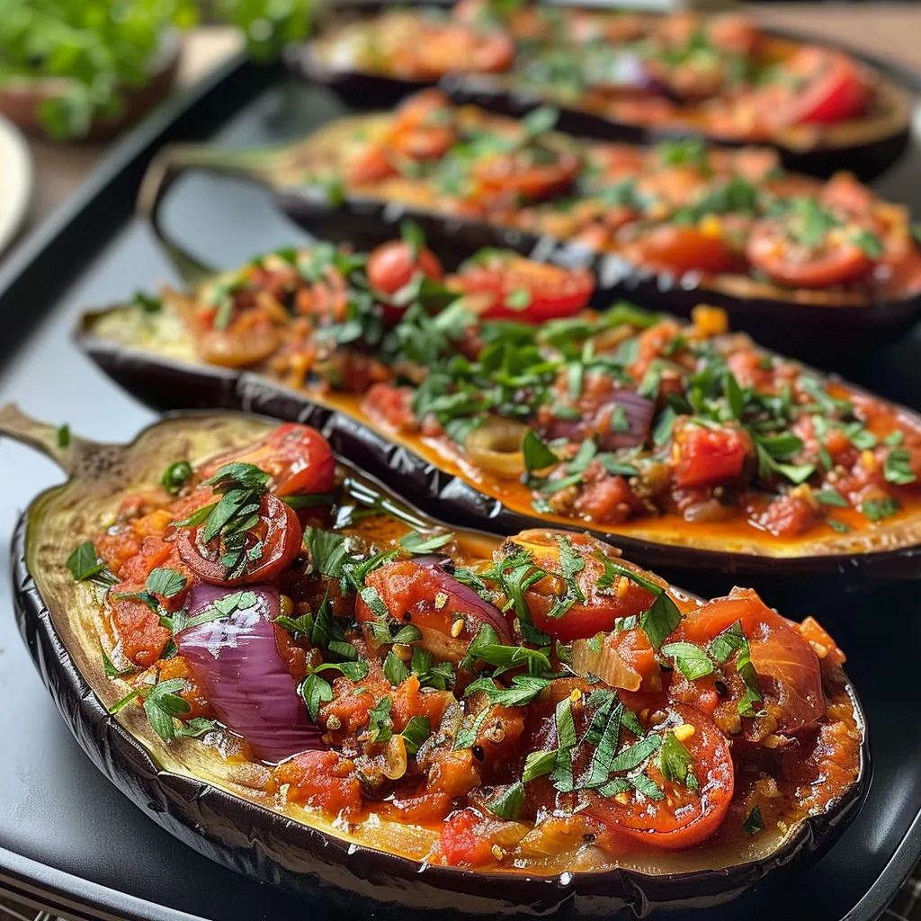 Juicy İmam Bayıldı displayed from a side angle, showcasing the stuffed eggplant filled with rich tomato and garlic.