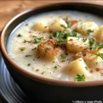 Creamy velouté de céleri rave in a white bowl, garnished with herbs.