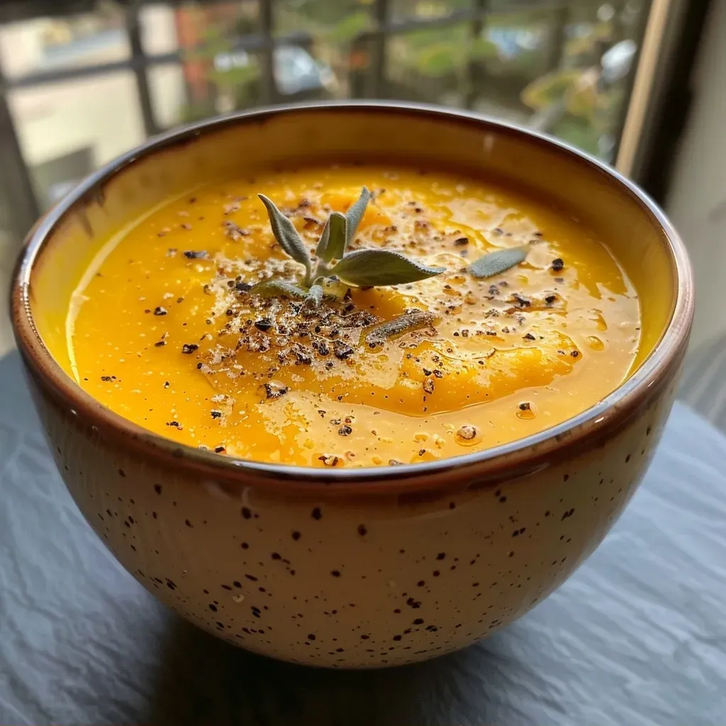 Creamy vegan velouté de potimarron served in a bowl with a spoon beside it.