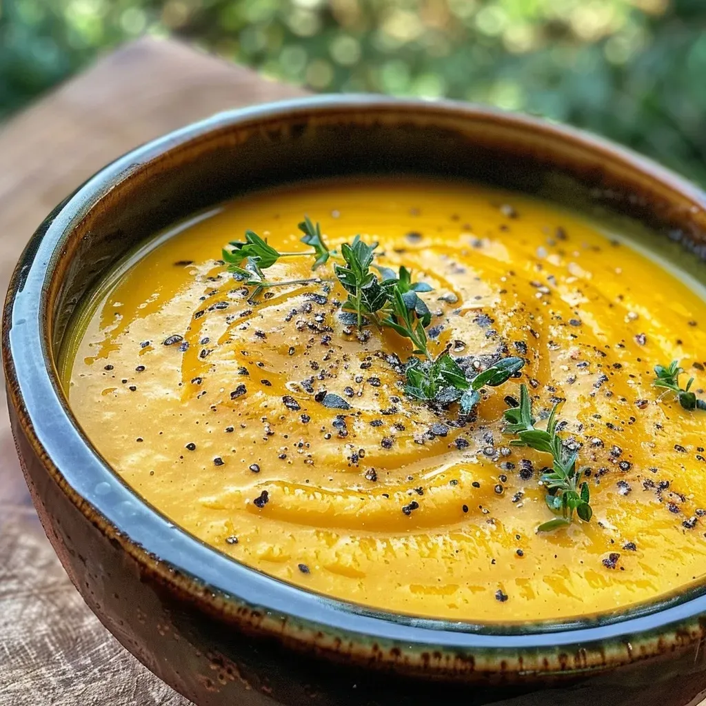 Close-up view of a creamy orange soup with herbs and spices garnished on top.