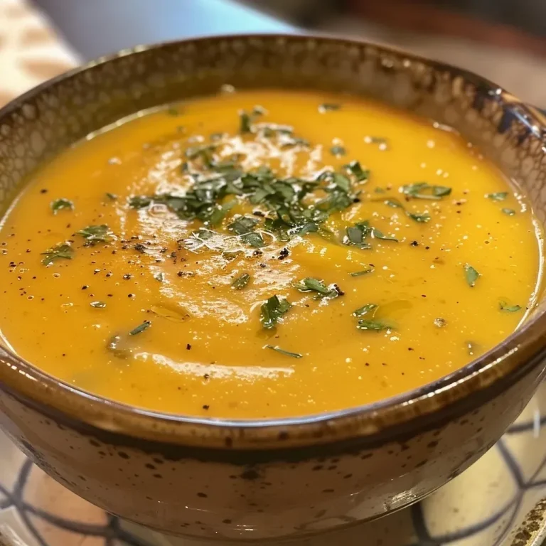 A close-up side view of velouté de potiron in a bowl, showcasing its creamy texture.