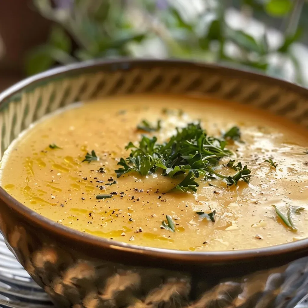 A detailed shot of a vibrant orange pumpkin soup served in a rustic bowl.