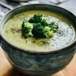Close-up view of a creamy broccoli and pear soup in a bowl, garnished with a drizzle of cream.