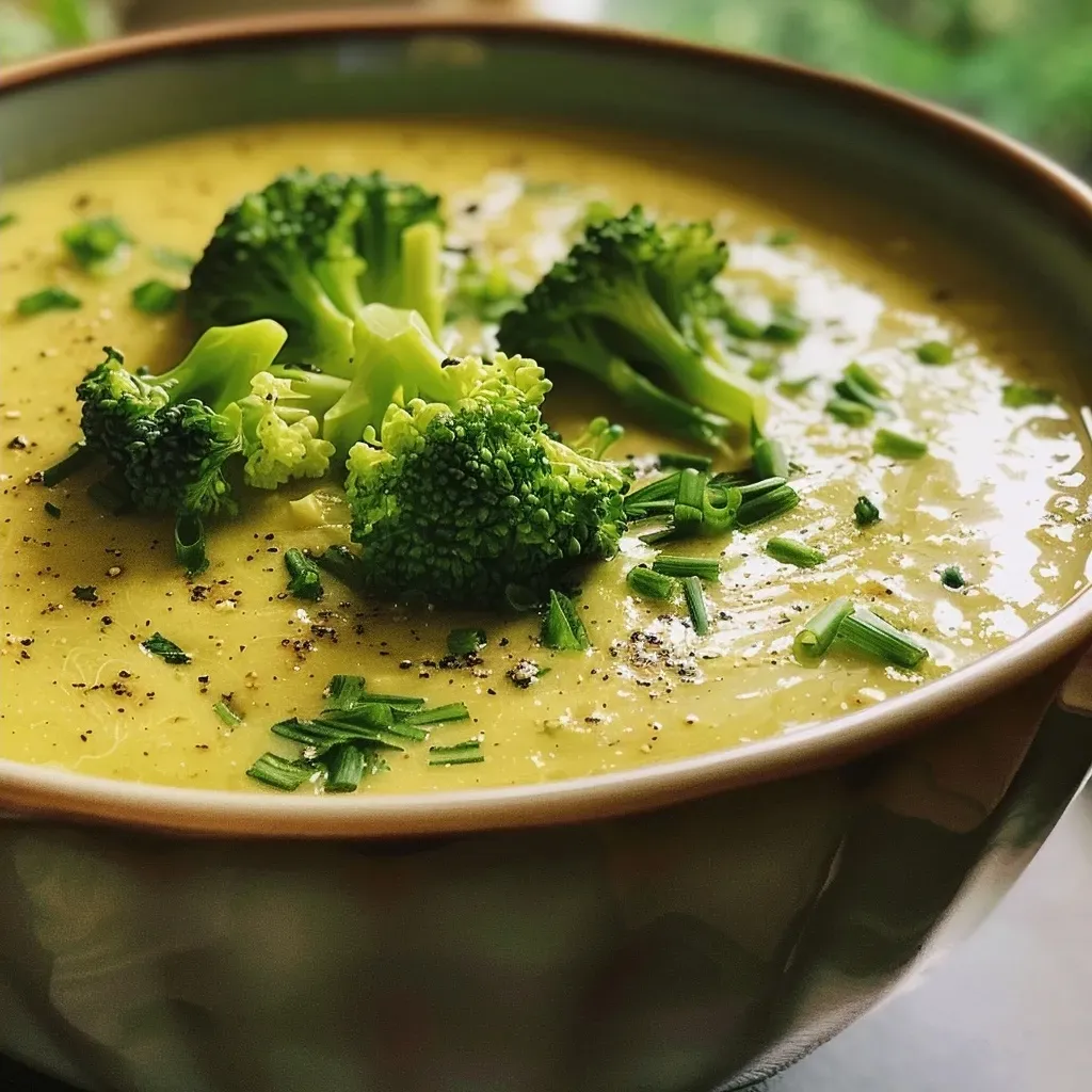A side perspective of a velvety green soup featuring broccoli and pear, served in a rustic bowl.