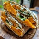 Close-up of a wrap filled with pumpkin cheese, showing ingredients like arugula and apple.