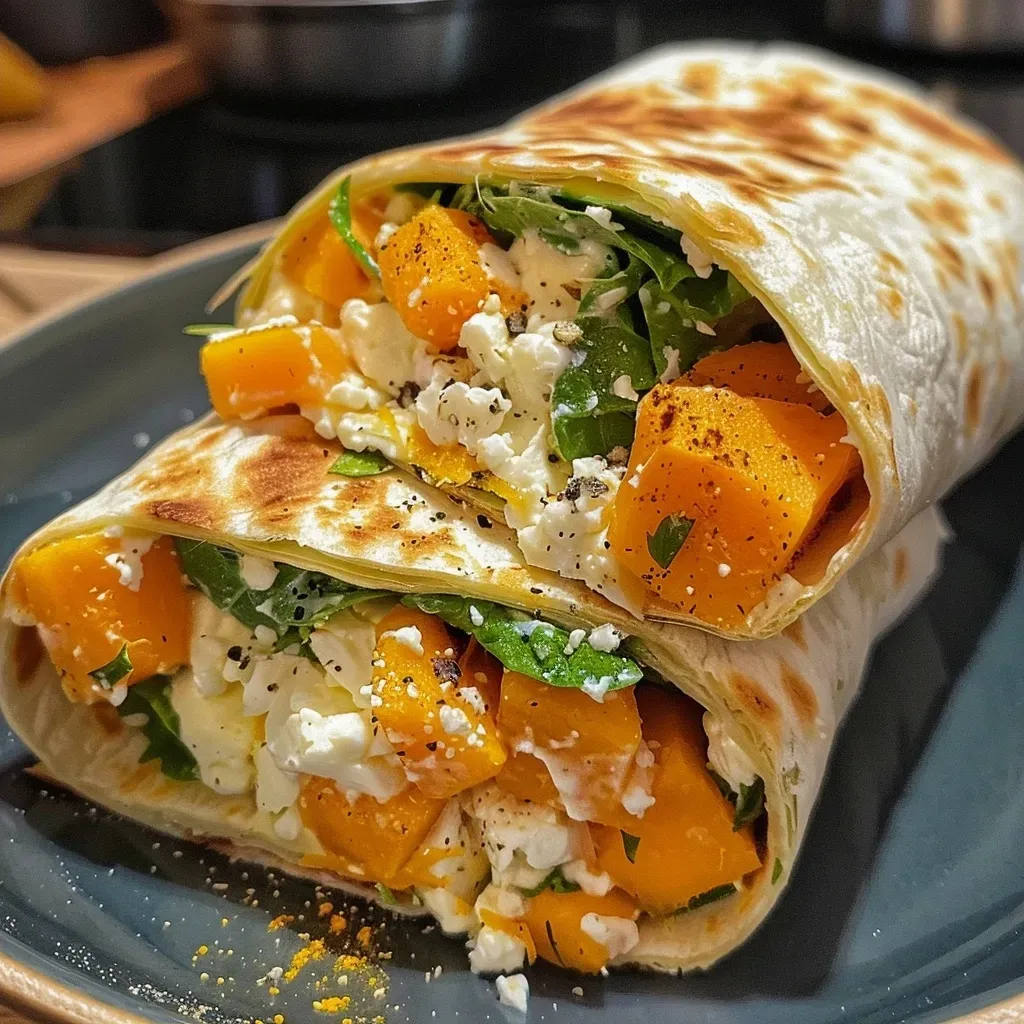 Side view of a juicy pumpkin cheese wrap, highlighting its colorful filling and texture.