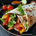 Close-up view of a juicy wrap complet filled with spices.