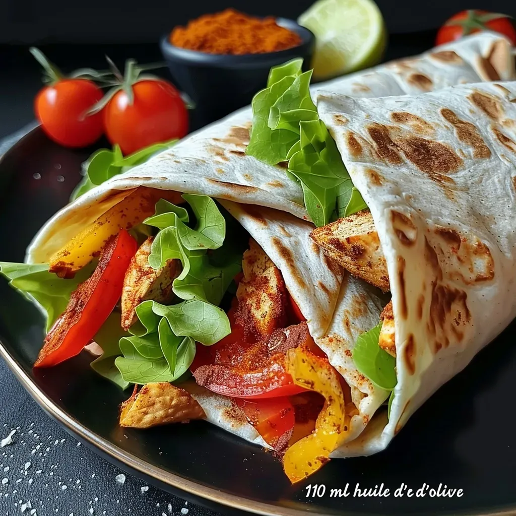 Close-up view of a juicy wrap complet filled with spices.