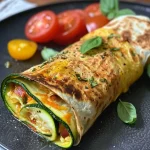Close-up view of a juicy wrap de courgettes with colorful toppings.