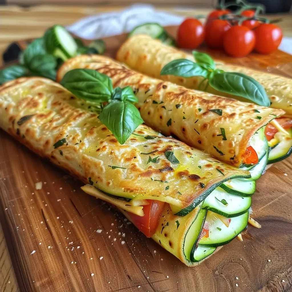 Side view of a zucchini wrap filled with fresh basil, tomatoes, and hummus.