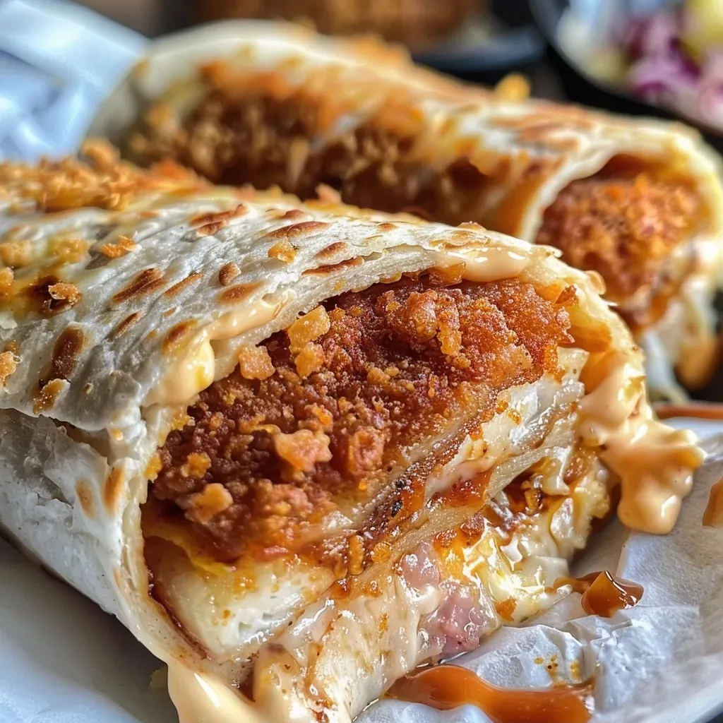 Close-up view of a colorful wrap filled with chicken nuggets, tomatoes, cheese, lettuce, and barbecue sauce.