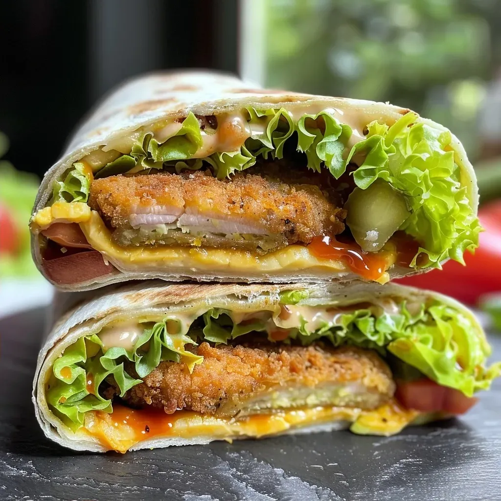 Close-up view of a colorful wrap filled with chicken nuggets, tomatoes, cheese, lettuce, and barbecue sauce.