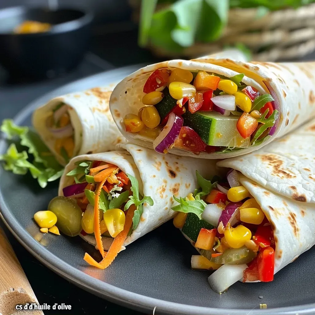 Close-up view of juicy wraps à la courge filled with squash and herbs.