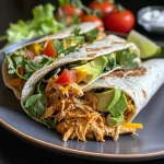 ['Close-up of creamy chicken tortilla wraps filled with cheese and garnishes.', 'Side view of juicy chicken wraps with avocado, lettuce, and tomato.', 'Tortilla wraps stuffed with shredded chicken, cheese, and fresh herbs displayed attractively.', 'Delicious chicken and cheese wraps on a plate with vibrant garnishes.']