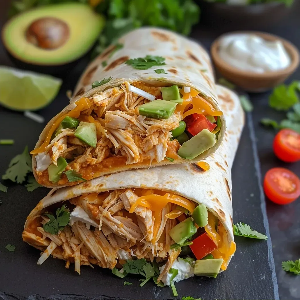 Close-up of creamy chicken tortilla wraps filled with cheese and garnishes.