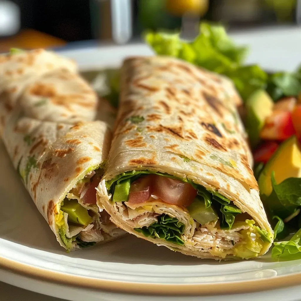 Side view of fresh wraps filled with tuna, avocado, and cucumber, topped with greens.