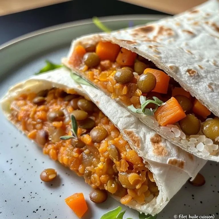 Wraps de lentilles corail : une recette rapide et délicieuse Close-up view of a colorful wrap filled with coral lentils.