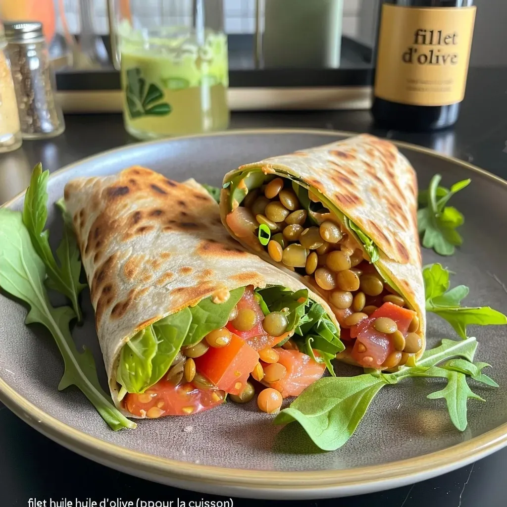 Side view of a delicious wrap showcasing vibrant lentils and fresh ingredients.