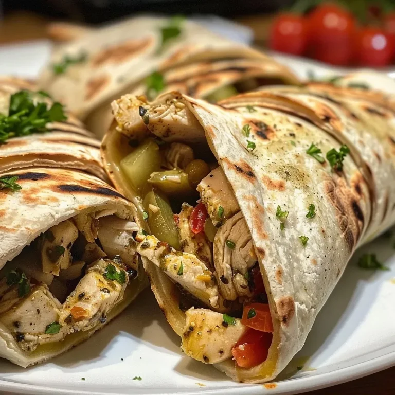 Wraps de poulet grillé façon grecque : une recette facile et savoureuse Close-up view of a juicy grilled chicken wrap with fresh veggies and a creamy yogurt sauce.