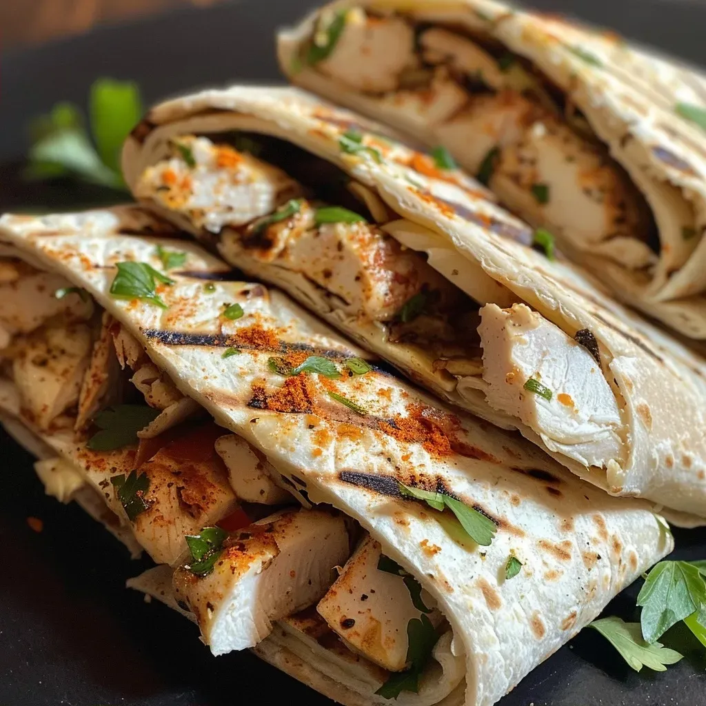 Side angle of a wrap filled with grilled chicken, lettuce, and cherry tomatoes, drizzled with yogurt sauce.