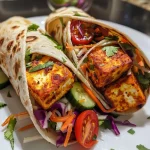 Close-up view of a juicy air fryer wrap with chicken, avocado, and fresh vegetables.