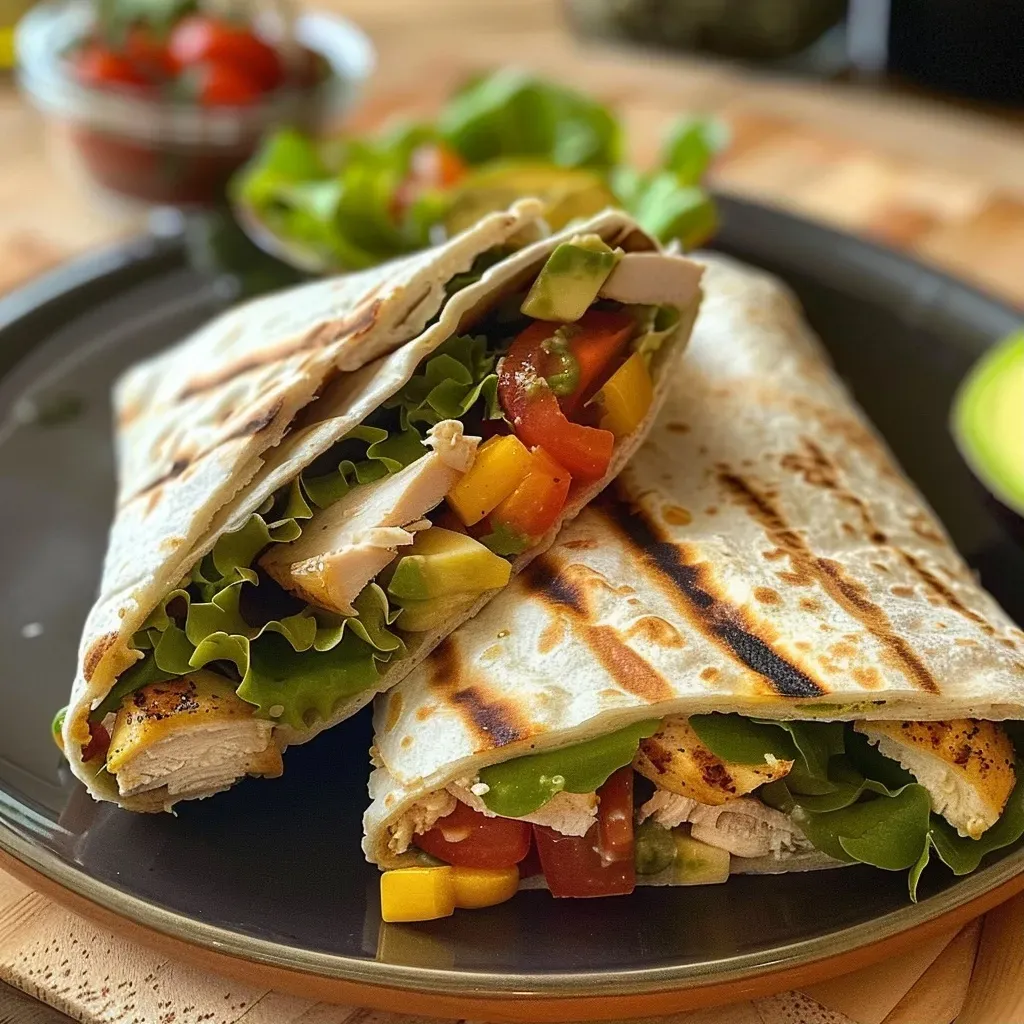 Close-up of a delicious wrap filled with chicken, fresh vegetables, and sauces.