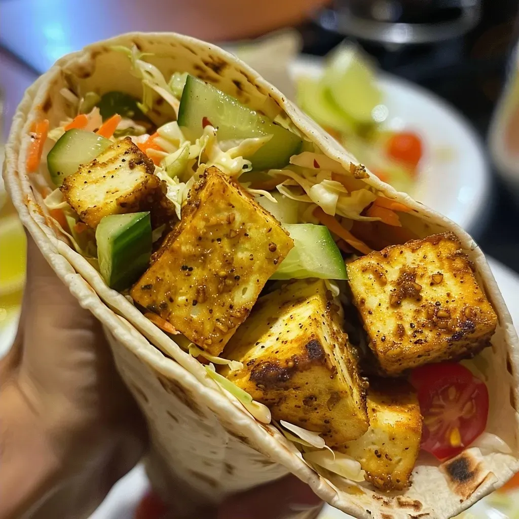 Side view of a delicious tortilla wrap filled with chicken, avocado, and crunchy lettuce.