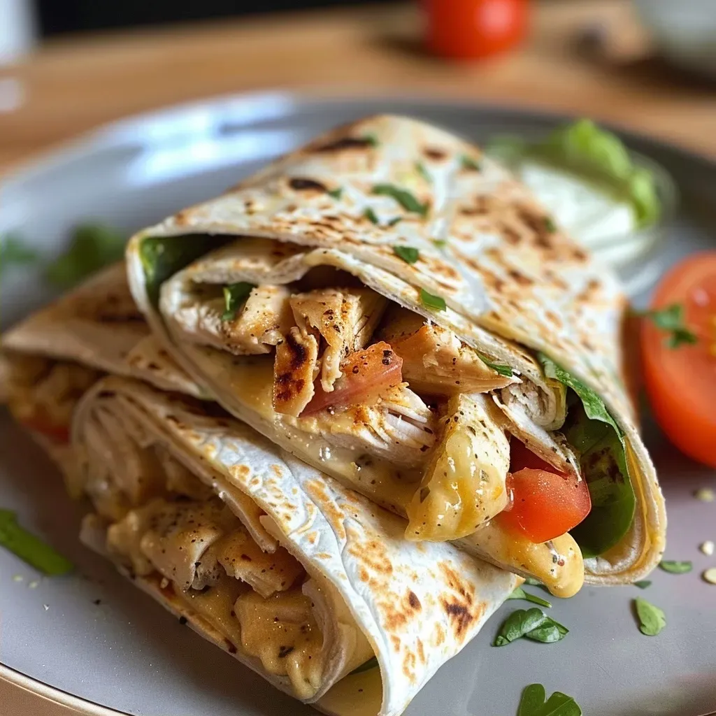 Close-up of a delicious wrap filled with chicken, fresh vegetables, and sauces.