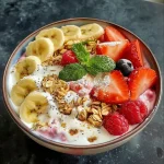 A colorful bowl of yogurt topped with sliced banana, strawberries, blueberries, raspberries, and granola, garnished with mint leaves.