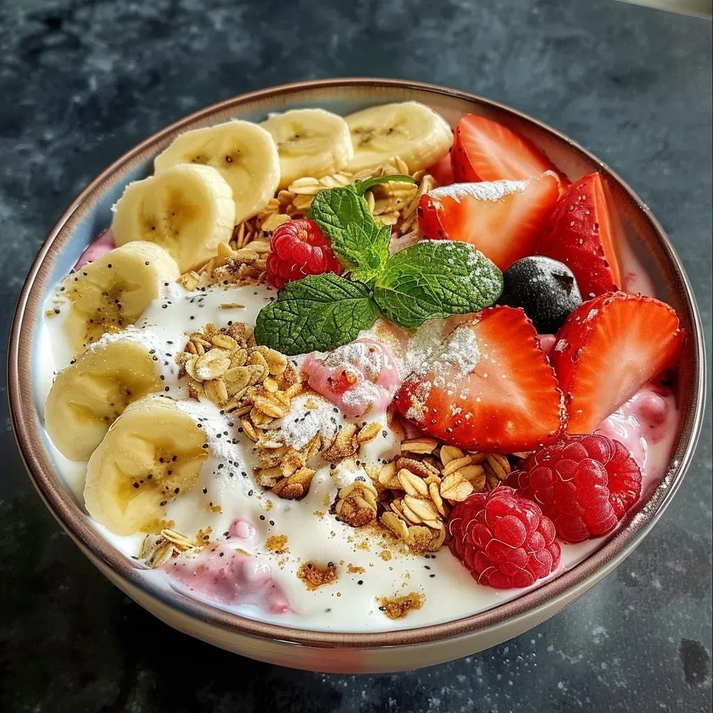 A colorful bowl of yogurt topped with sliced banana, strawberries, blueberries, raspberries, and granola, garnished with mint leaves.