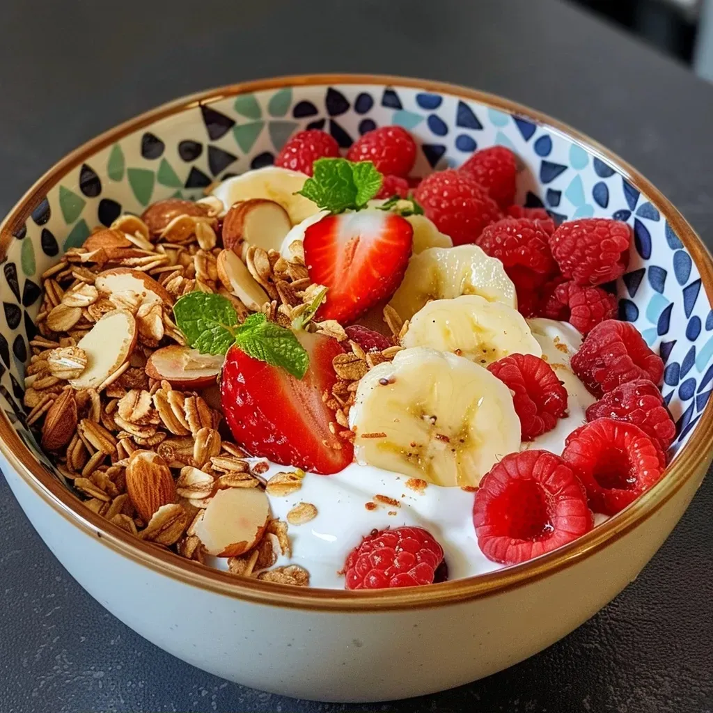A close-up view of a nutritious breakfast bowl featuring yogurt and fresh fruits like strawberries and bananas, drizzled with honey.