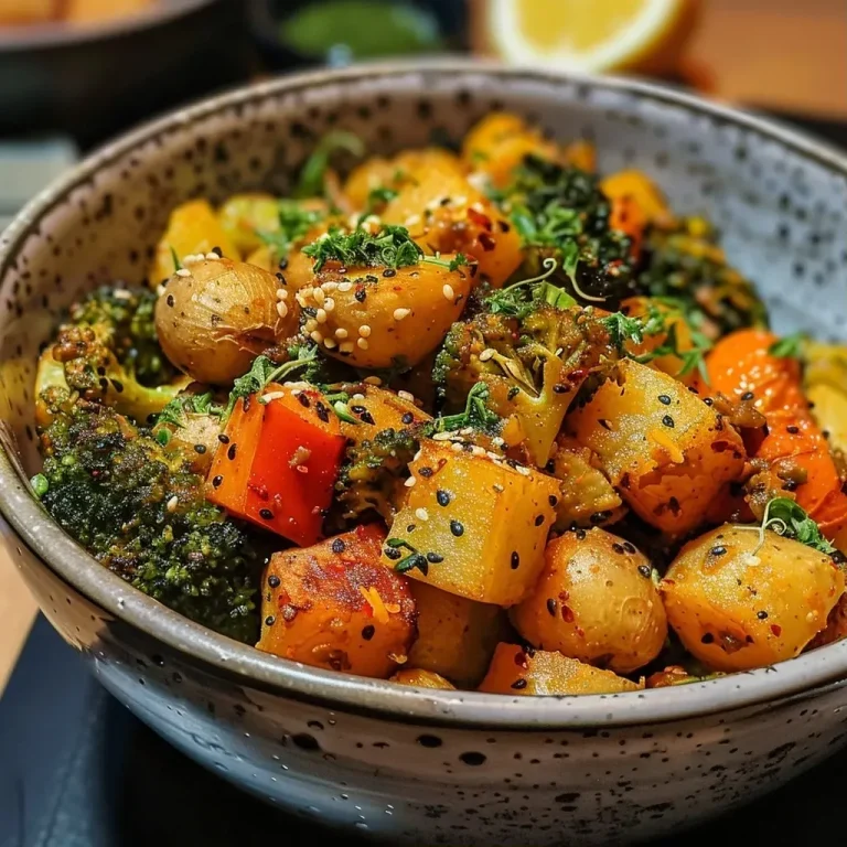 Close-up of a colorful grilled vegetable bowl with tahini sauce.