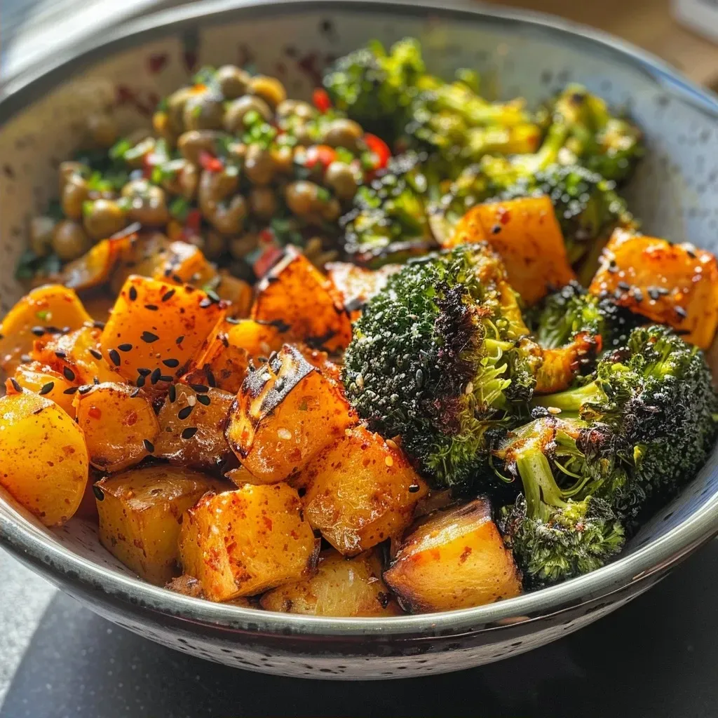 Side view of a vibrant bowl featuring sweet potatoes, broccoli, Brussels sprouts, chickpeas, and tahini.