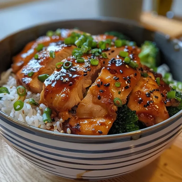 Mon bowl de poulet teriyaki léger pour des soirées savoureuses A close-up side view of a bowl filled with teriyaki chicken, broccoli, and butternut squash.