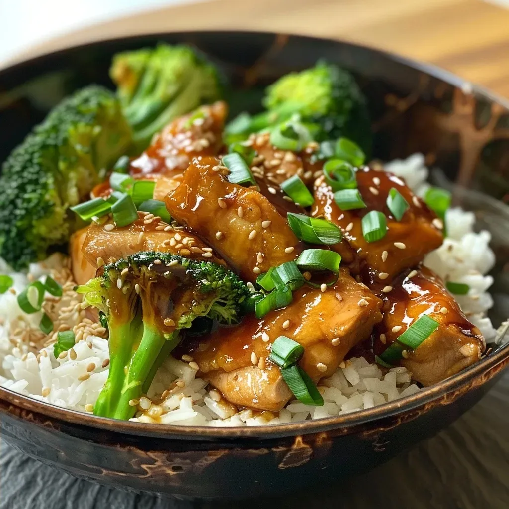 Juicy teriyaki chicken served over pieces of squash and broccoli in a bowl.