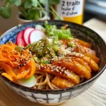 Close-up view of a vibrant soba noodle bowl with fresh vegetables.