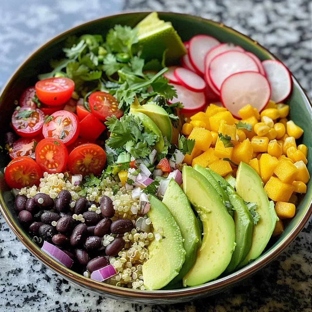 Side view of a colorful bowl filled with rice, black beans, corn, and diced tomatoes.