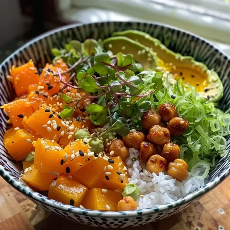 Close-up view of a vibrant vegan rice bowl with fresh vegetables and cashew sauce.