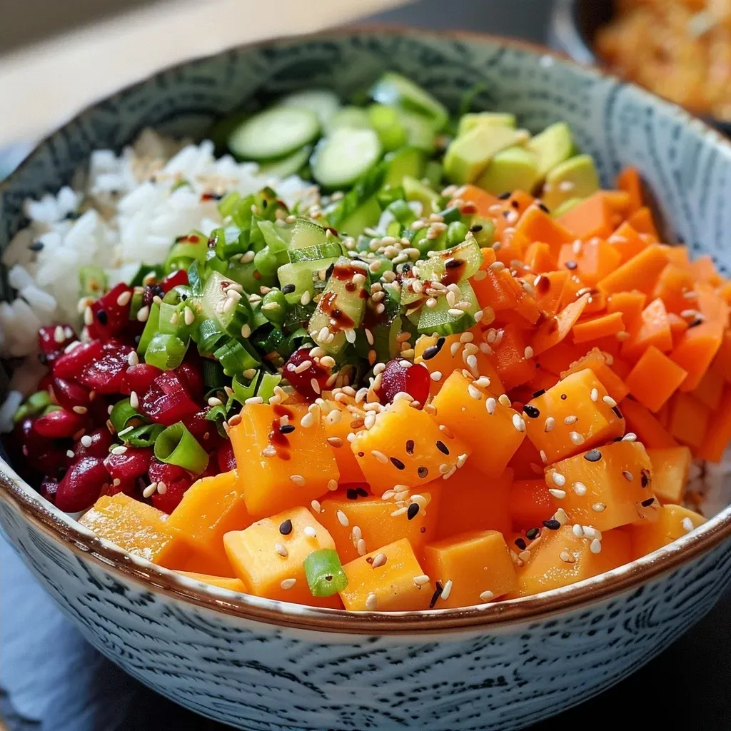 Colorful bowl filled with basmati rice, vegetables, and sliced avocado topped with cashew dressing.