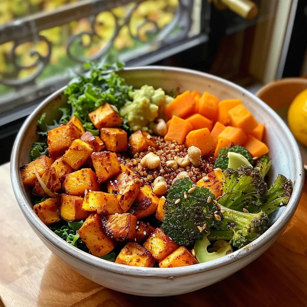 Close-up view of a vibrant Buddha Bowl filled with butternut squash, Brussels sprouts, and chickpeas.