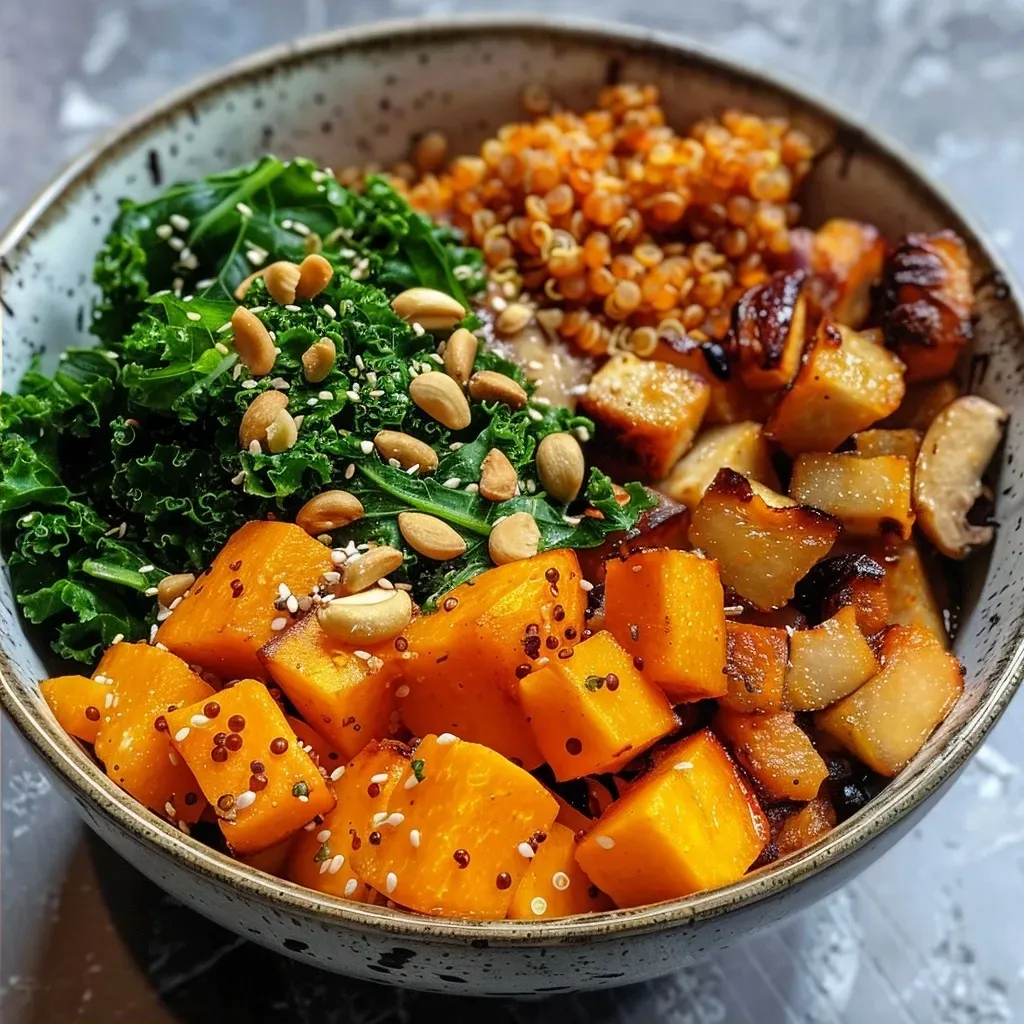 Side view of a colorful Buddha Bowl featuring roasted butternut squash and green Brussels sprouts.