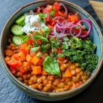 A vibrant Buddha bowl filled with red lentil dal, basmati rice, and colorful vegetables.
